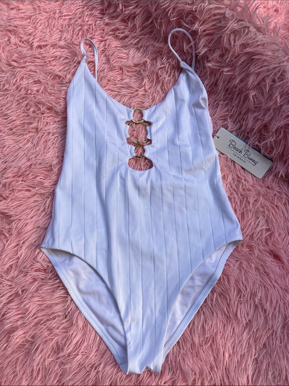 Beach Bunny White Ribbed One-Piece Swimsuit with Gold Ring Accents